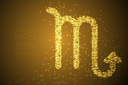 Abstract Shiny Star pattern Scorpio Zodiac sign shape, star constellation concept design gold color illustration isolated on brown gradient background with copy space, vectorのイラスト素材