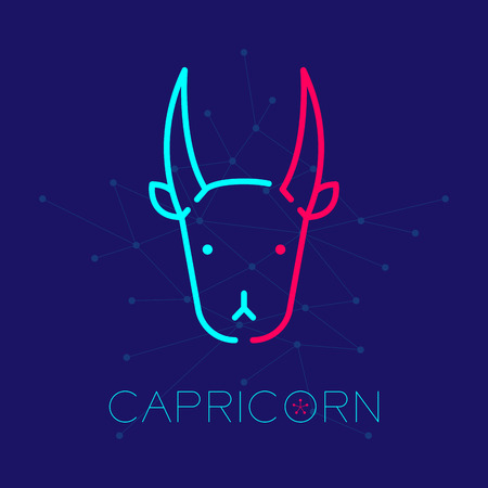 Capricorn Zodiac constellation logo icon outline stroke set dash line design illustration isolated on dark blue background with capricorn text and copy spaceのイラスト素材