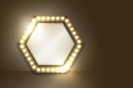 Mirror with Incandescent light bulb box frame hexagon shape set, illustration retro 3D style isolated glow in dark background with copy space, vector eps 10のイラスト素材
