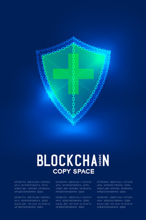 Blockchain technology 3D isometric virtual, Safety shield system concept design illustration isolated on dark blue background and Blockchain Text with copy space, vector eps 10のイラスト素材
