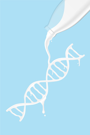 Milk splash DNA shape from glass bottle, World Milk Day concept 3D virtual design illustration isolated on blue background with copy space, vector eps 10のイラスト素材