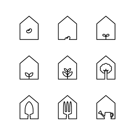 Garden tool and plant icon set in House frame black and white color isolated on white backgroundのイラスト素材