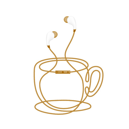 Earphones wireless and remote, In Ear type brown color and coffee cup shape made from cable isolated on white background, with copy spaceのイラスト素材