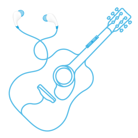 Earphones wireless and remote, In Ear type blue color and acoustic guitar shape made from cable isolated on white background, with copy spaceのイラスト素材