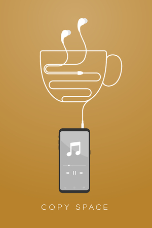 Smartphone black color and Earphones in ear type flat design, coffee cup shape made from cable illustration isolated on brown gradient background, with copy spaceのイラスト素材