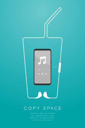Smartphone black color and Earphones wireless and remote, In Ear type flat design, ice coffee glass shape made from cable illustration isolated on green gradient background, with copy spaceのイラスト素材