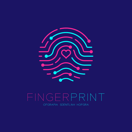 Fingerprint scan icon with Love Heart symbol dash line design illustration blue and pink isolated on dark blue background with Fingerprint text and copy space, vector eps10のイラスト素材