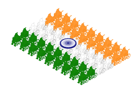 Isometric disabled man with wheelchair icon pictogram in row, India national flag shape concept design illustration isolated on white background, Editable strokeのイラスト素材