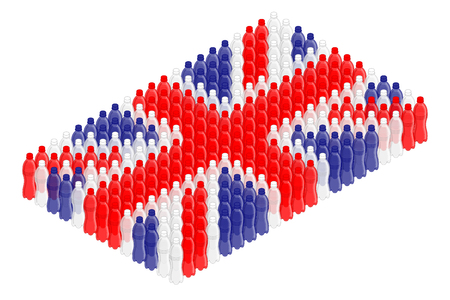 Isometric beverage plastic bottle in row, United Kingdom national flag shape concept design illustration isolated on white background, Editable strokeのイラスト素材
