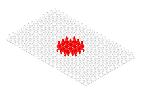 Isometric equipment traffic cone in row, Japan national flag shape concept design illustration isolated on white background, Editable strokeのイラスト素材