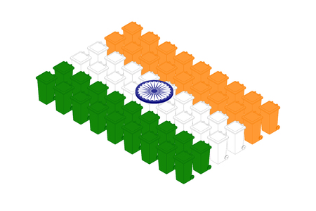 Isometric trash in row, India national flag shape concept design illustration isolated on white background, Editable strokeのイラスト素材