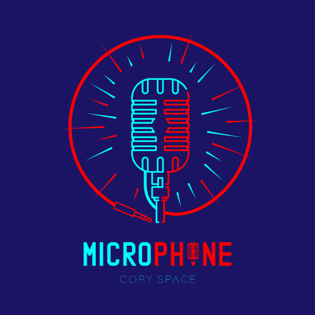 Retro Microphone logo icon outline stroke with radius in circle frame from cable dash line design illustration isolated on dark blue background with Microphone text and copy spaceのイラスト素材