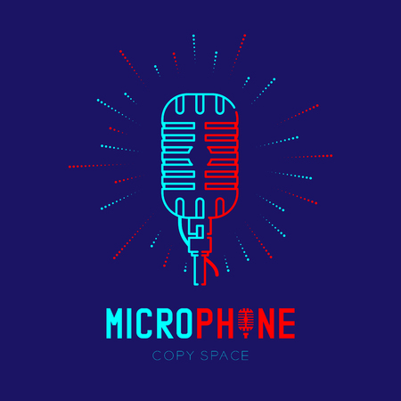 Retro Microphone logo icon outline stroke with radius frame dash line design illustration isolated on dark blue background with Microphone text and copy spaceのイラスト素材