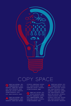 Incandescent light bulb outline stroke set dash line design, Nature power saving concept illustration isolated glow in blue gradient backgroundのイラスト素材
