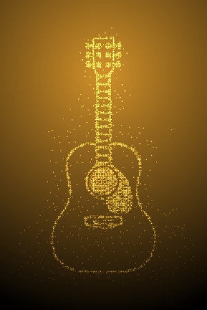 Abstract Geometric Bokeh circle dot pixel pattern Acoustic Guitar shape, music instrument concept design gold color illustration isolated on brown gradient background with copy space, vector eps 10のイラスト素材