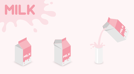 Milk box UHT (ultra-high temperature-treated milk) strawberry favor pink color, Pouring Milk in the glass  and MILK text splash on pink background with copy spaceのイラスト素材