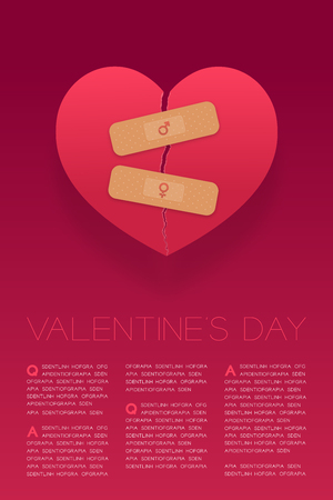Heart paper tear repair by Plasters with male and female gender sign, Valentine's day concept layout poster template design illustration isolated on white background with copy spaceのイラスト素材