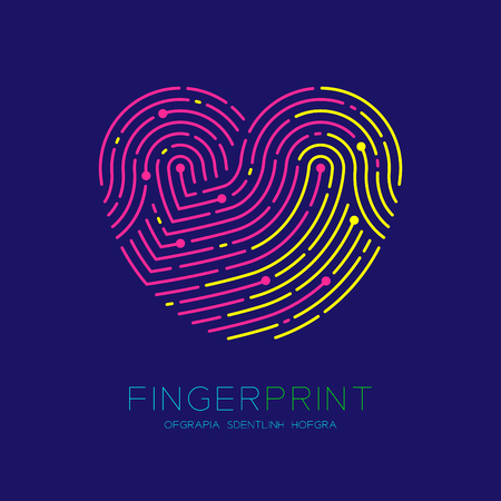 Heart pattern Fingerprint scan icon dash line, Love valentine concept, Editable stroke illustration pink and yellow isolated on dark blue backgroundのイラスト素材