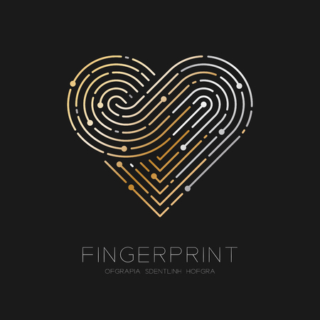 Heart pattern Fingerprint scan icon dash line, Love valentine concept, illustration gold and silver isolated on black background with Fingerprint text and spaceのイラスト素材