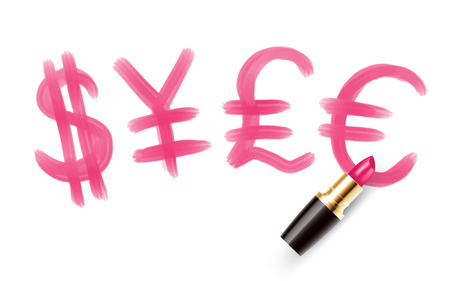Currency sign and symbol write by Lipstick pink color, Finance concept design illustration isolated on white background, with copy spaceのイラスト素材