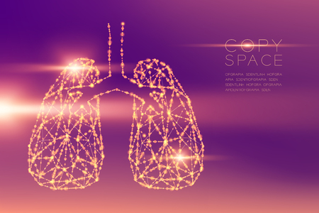 Lung shape futuristic pattern wireframe polygon bokeh light structure and lens flare, Medical Science Organ concept illustration isolated on purple gradients background with copy spaceのイラスト素材