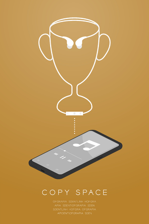 Trophy Cup Number one shape made from cable Earphones wireless remote, In ear type with Smartphone isometric flat design, Winner music concept illustration isolated on gold gradient backgroundのイラスト素材