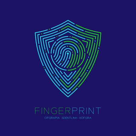 Shield shape pattern Fingerprint scan logo icon dash line, Security privacy concept, Editable stroke illustration blue and green isolated on blue background with Fingerprint text and space, vector epsのイラスト素材
