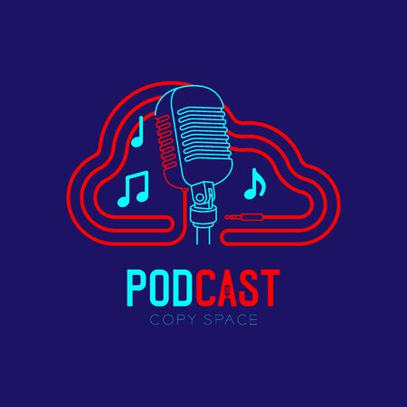 Retro Microphone logo icon outline stroke with Cloud shape frame cable dash line design, podcast internet radio program concept illustration isolated on dark blue background with PODCAST text, vectorのイラスト素材