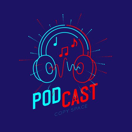 Headphone logo icon outline stroke with music note in radius frame dash line, Podcast internet radio program online concept illustration isolated on blue background with PODCAST text, vectorのイラスト素材