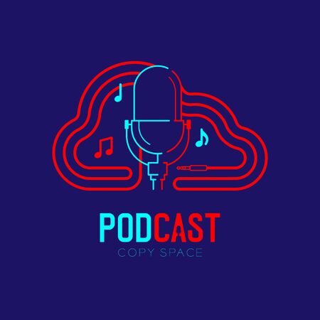 Retro Microphone logo icon outline stroke with Cloud shape frame cable dash line design, podcast internet radio program concept illustration isolated on dark blue background with PODCAST text, vectorのイラスト素材