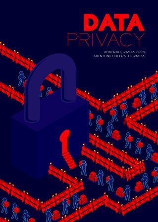Data privacy concept, man pictogram transfer data to isometric lock keyhole door and barrier illustration poster and banner design isolated on blue background, with copy spaceのイラスト素材