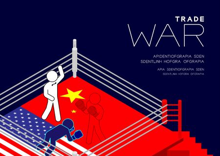 Boxer Man pictogram on boxing ring isometric with america and china flag canvas pattern, Trade war and tax crisis concept design illustration isolated on blue background with space, vector eps 10のイラスト素材