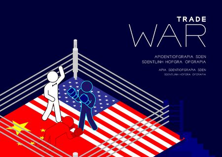 Boxer Man pictogram on boxing ring isometric with america and china flag canvas pattern, Trade war and tax crisis concept design illustration isolated on blue background with space, vector eps 10のイラスト素材