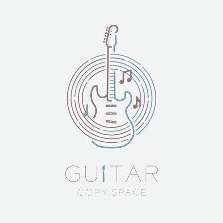 Electric guitar, music note with line staff circle shape  icon outline stroke set dash line design illustration isolated on grey background with guitar text and copy spaceのイラスト素材