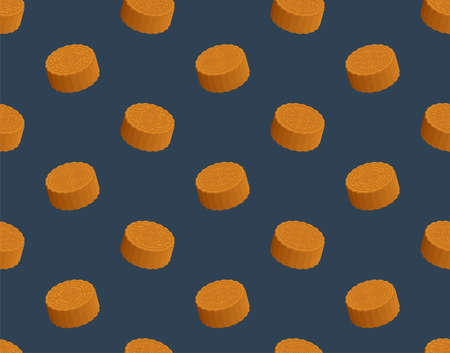 Chinese Mooncake 3D isometric seamless pattern, Mid-autumn Moon festival concept poster and banner design illustration isolated on blue background, vectorのイラスト素材