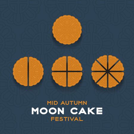 Chinese Mooncake slice 2, 4, 8 pieces top view, Mid-autumn Moon festival concept poster and banner vertical design illustration isolated on blue background with copy space, vector eps 10のイラスト素材