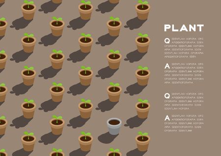 Gardening plant seedling or sprout in pot 3D isometric pattern, Conservation environment concept poster and banner horizontal design illustration isolated on beige background with copy space, vectorのイラスト素材