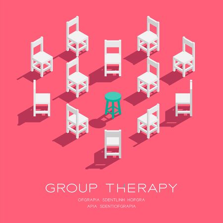 Chair and stool 3D isometric heart shape pattern, Group therapy concept poster and social banner vertical design illustration isolated on pink background with copy spaceのイラスト素材