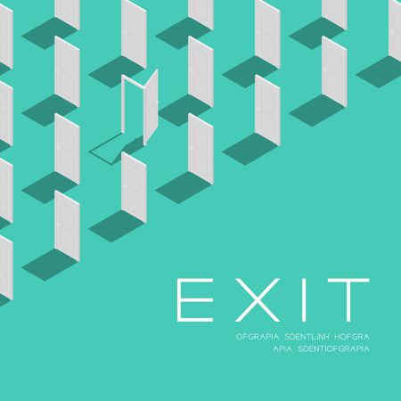 Door 3D isometric pattern, Exit concept poster and social banner post square design illustration isolated on green background with copy spaceのイラスト素材