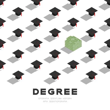 Graduate cap or mortarboard with banknote pile 3D isometric pattern, Importance of education or money concept poster and banner square design illustration isolated on white background, vectorのイラスト素材