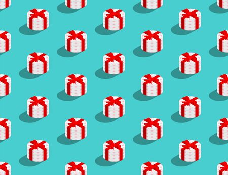 Gift box with bow ribbon mark 3D isometric seamless pattern, Christmas and Happy new year concept poster and banner design illustration on green background, vector eps 10のイラスト素材