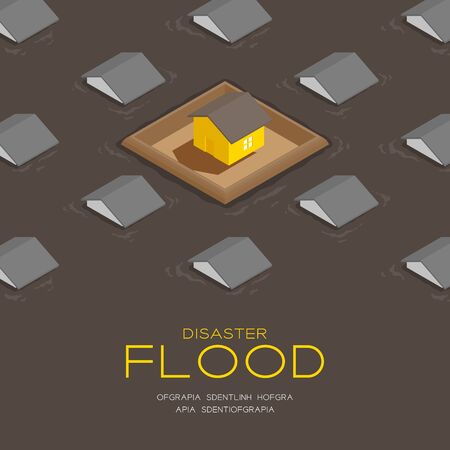 House living with barrage wall 3d isometric pattern, Flood disaster concept poster and social banner post square design illustration isolated on brown background with copy space, vector eps 10のイラスト素材