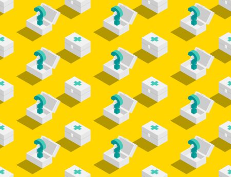 First aid kit box with question mark 3D isometric seamless pattern, Rescue doubt concept poster and banner design illustration isolated on yellow background, vector eps 10のイラスト素材