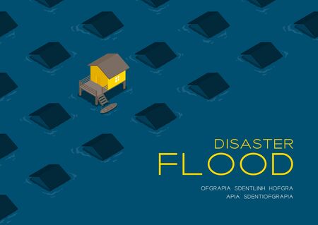 House living with boat 3d isometric pattern, Flood disaster concept poster and social banner post horizontal design illustration isolated on blue background with copy space, vector eps 10のイラスト素材
