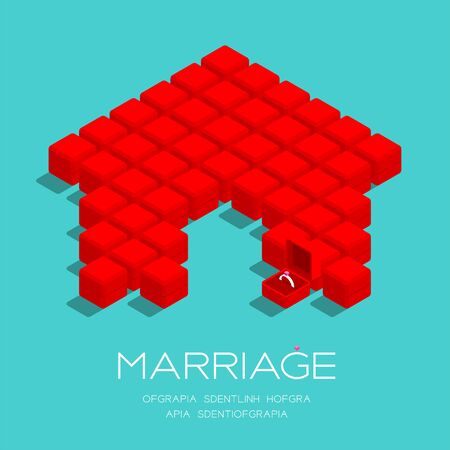 Home icon from Wedding ring box 3D isometric pattern, Marriage and family concept poster and social banner post square design illustration isolated on green background with copy space, vector eps 10のイラスト素材