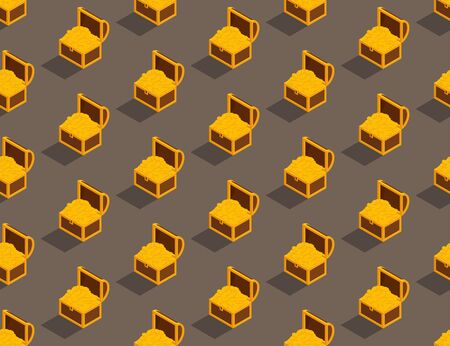 Treasure Chest with gold coin 3D isometric seamless pattern, Wealth concept poster and social banner post design illustration isolated on brown background with copy space, vector eps 10のイラスト素材