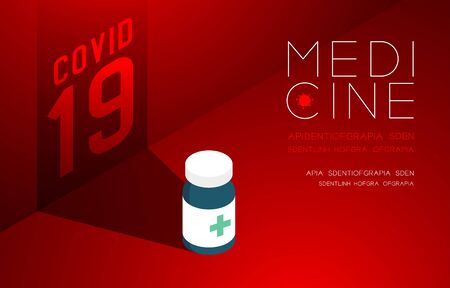 Medicine bottle with shadow and Covid-19 text, Pandemic coronavirus concept poster or social banner design illustration isolated on red gradients background with copy space, vectorのイラスト素材