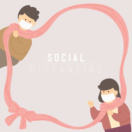 Man and woman with frame scarf or scarves keep distance to protection covid-19 outbreak, Social distancing concept poster or social banner design illustration on background, copy space, vectorのイラスト素材