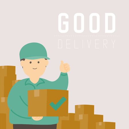Good delivery man with goods box, Social distancing keep distance to protection COVID-19 outbreak stay at home online shopping concept poster or banner illustration on background, copy space, vectorのイラスト素材
