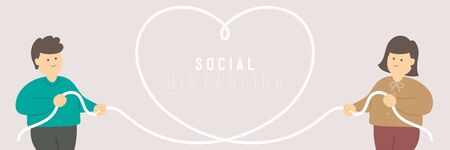 Quarantine Man and woman with heart love frame tape measure keep distance to protection COVID-19 outbreak Social distancing stay at home poster or banner illustration on background, copy space, vectorのイラスト素材